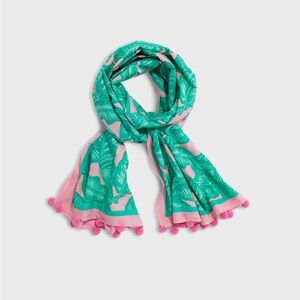 vineyard vines Tropical Leaf Print Scarf with Pink Pom Poms